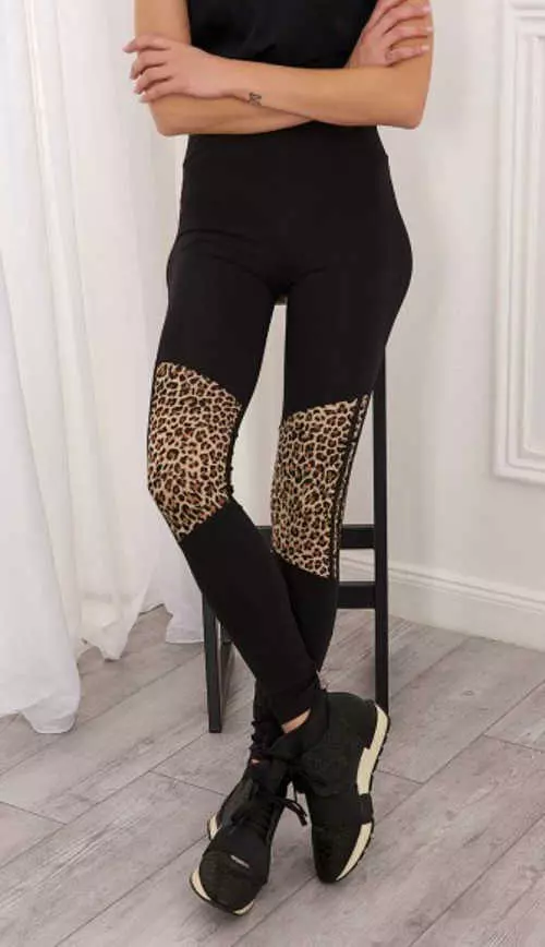 Fekete női leggings leopárdmintás betétekkel