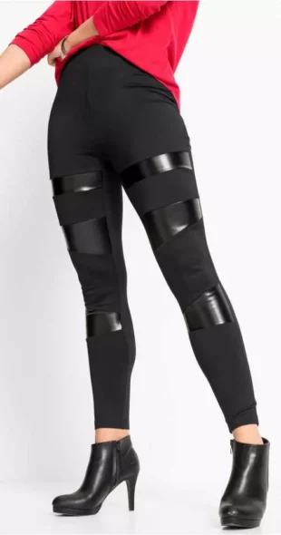 Fekete termikus leggings fényes PU betétekkel