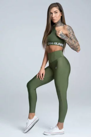 Női magas derekú sport leggings khaki színben