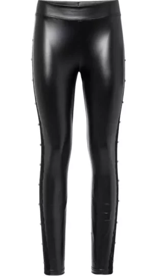 Fekete leggings műbőrből, az oldalán csipkével díszített fekete leggings.