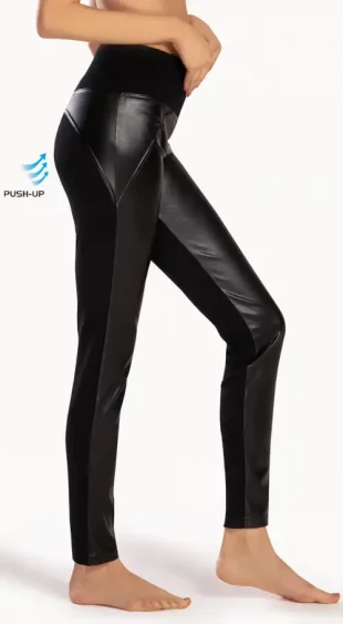 Fekete női push-up leggings, bőrutánzat